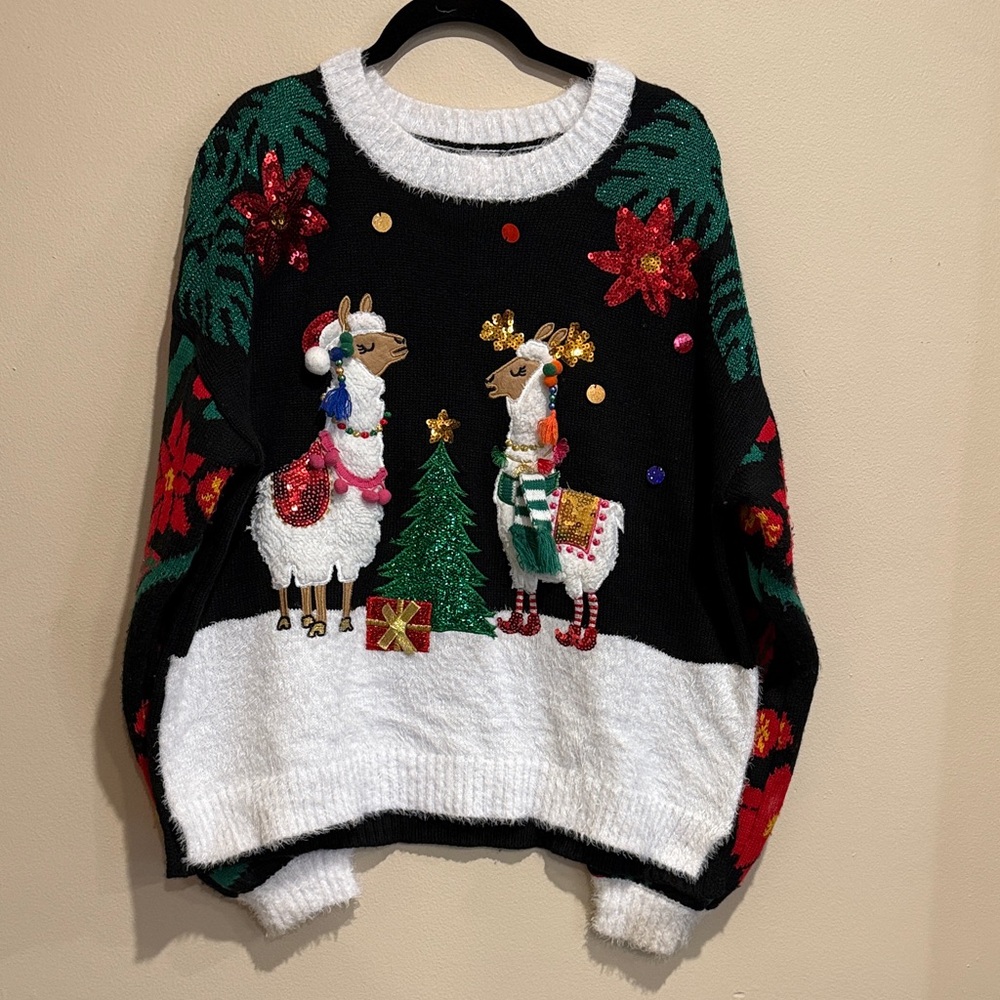 Holiday Time Llama Christmas Tree Sweater - Black, White, Green